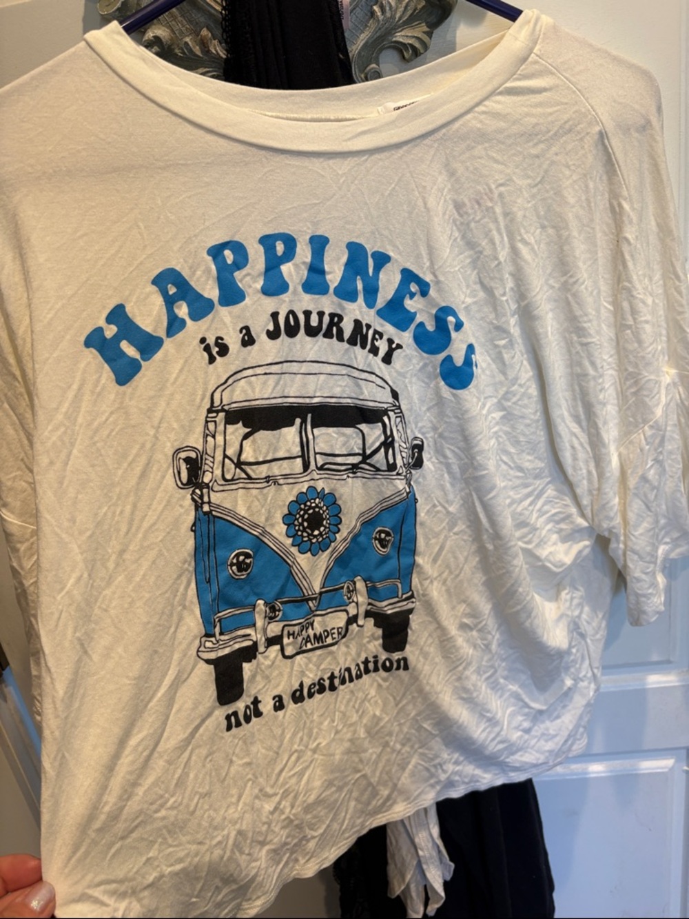 White Graphic Tee "Happiness is a Journey" with Blue Van